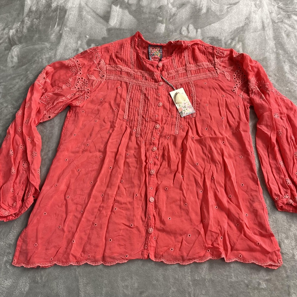 Johnny Was Hella Blouse Womens M Pink Eyelet Embroidered Button Tunic Boho Sheer